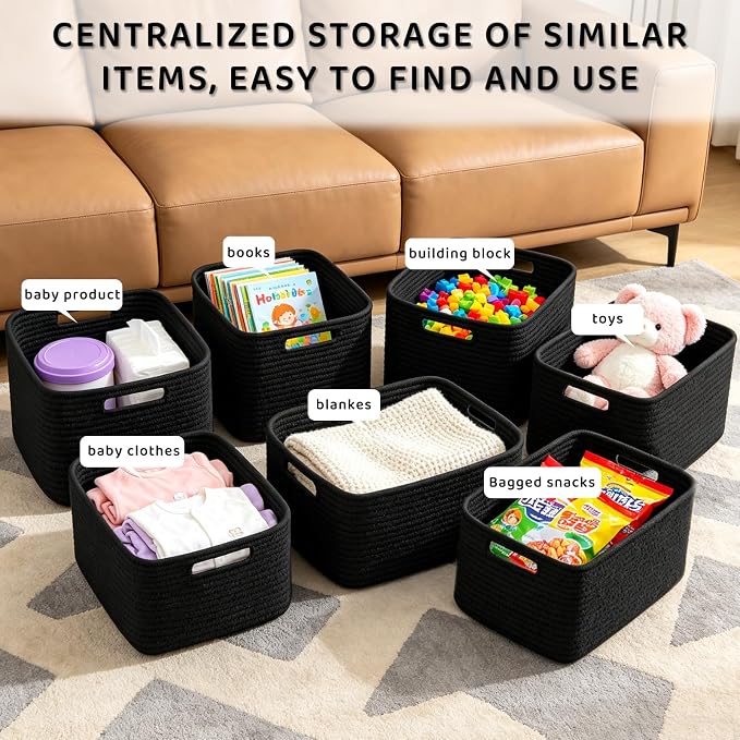 4 Pack Storage Baskets for Organizing, 11''Lx9''Wx8''H Woven Baskets for Storage Toys, Towels, Books, and Clothes, Cotton Rope Basket for Shelves with Handle