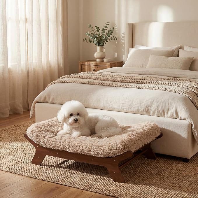 Muihood Elevated Wooden Dog Bed with Foam Mattress, Walnut, Medium | Raised Dog Bed with Washable Cover, Supportive Foam Mattress, Perfect for Medium Dogs and Indoor Living