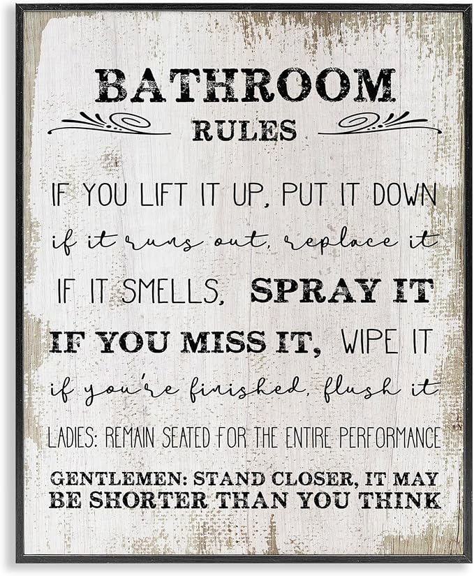 Rustic Bathroom Rules Humor, 11 x 14 Inch Framed Giclée Print