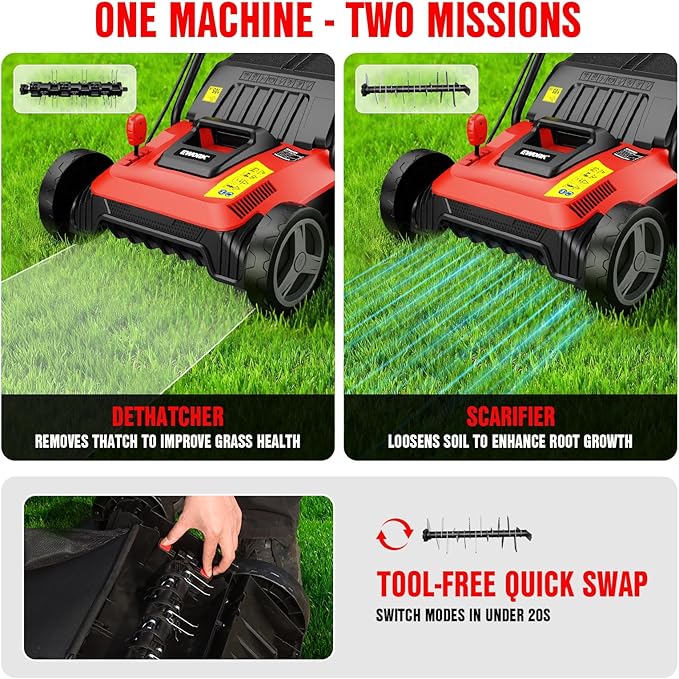 EWORK Electric Dethatcher and Scarifier 14-Inch 12 Amp with Grass Catchers | 2-in-1 Lawn Dethatcher and Aerator with 9.2 Gal Collection Bag, Blade Replacement without Tool, 5-Position Depth Adjustment