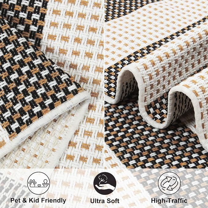 LEEVAN Outdoor Porch Rug 24"x51", Washable Front Door Mat, Spring Plaid Welcome Mat Outside Entrance, Black and White Striped Outdoor Entryway Rug, Farmhouse Buffalo Porch Layered Doormats Entry