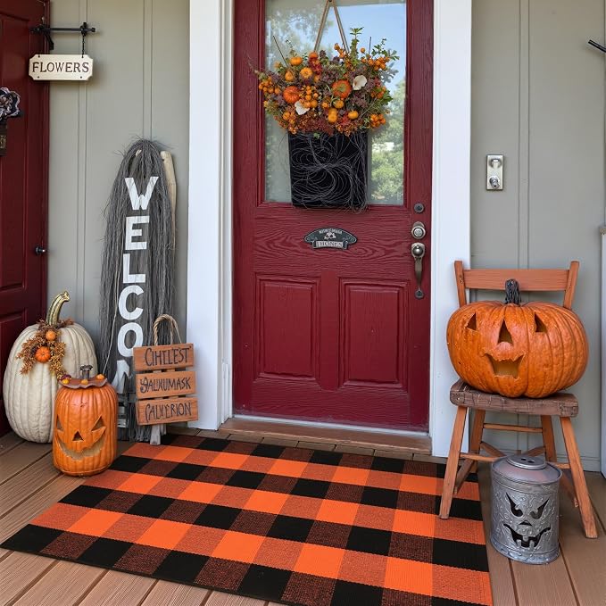 Collive Buffalo Plaid Checkered Outdoor Rug, Black and Orange Halloween Fall Decor Door Mat, Washable 27.5x43 Inches Front Porch Rug, Layered Welcome Mat Doormat for Porch Entryway Patio Kitchen
