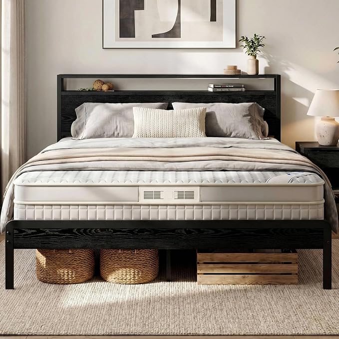 LIKIMIO Queen Bed Frame with 2-Tier Storage Shelf Headboard | Dark Wood Platform Bed, Camas Queen with Strong Metal Supports, Sturdy, Noise-Free, No Box Spring Needed, Black