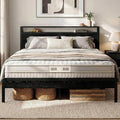 LIKIMIO Queen Bed Frame with 2-Tier Storage Shelf Headboard | Dark Wood Platform Bed, Camas Queen with Strong Metal Supports, Sturdy, Noise-Free, No Box Spring Needed, Black