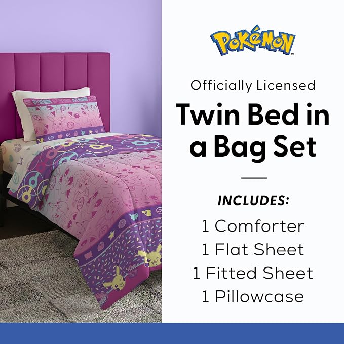Northwest Pokemon Light and Sweet Twin Size Bed in a Bag Set, Pikachu Eevee Jigglypuff, Kids Boys Girls Bedding Comforter Sheets