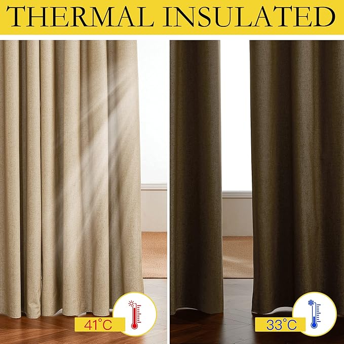 NICETOWN 100% Absolutely Blackout Linen Curtains with Thermal Insulated White Liner, Camel, W42 x L84, 2 Panels, Long Curtains 84 inch Length for Patio Door, Doorway, Office, Overnight Shiftworker