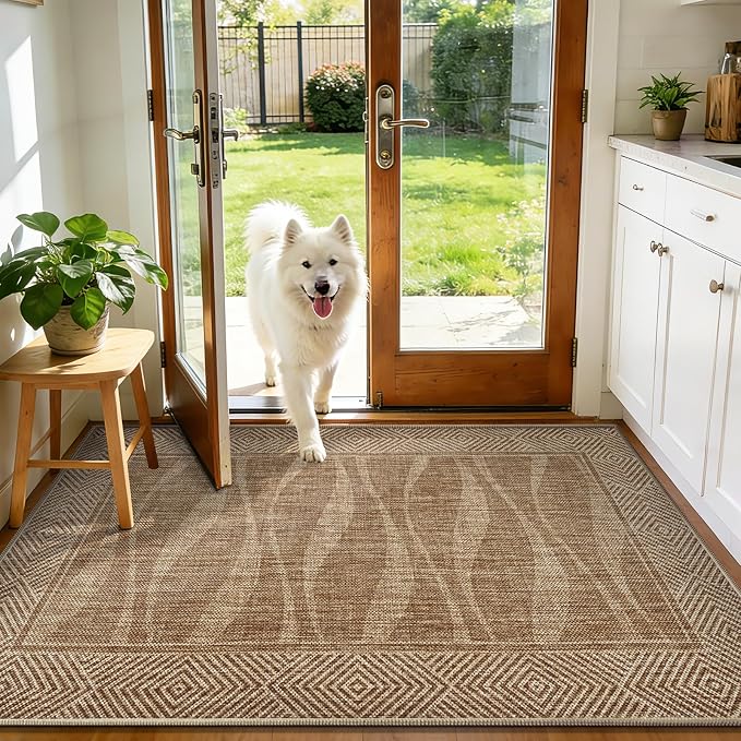 Jute Rug 3x5 Outdoor Patio Rug with Border, Washable Rugs for Entryway Porch, Farmhouse Non Slip Area Rugs with Rubber Backing, Non Shedding Carpet for Indoor Outdoor Bedroom, Courtyard, Light Brown