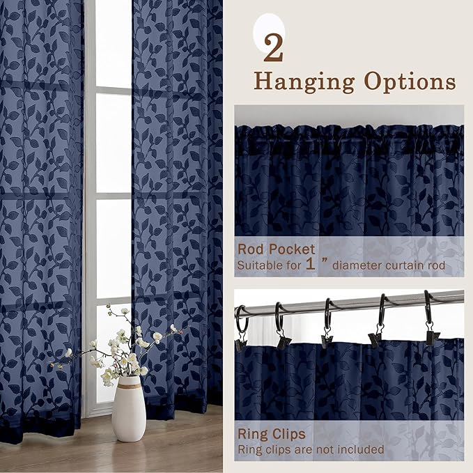 Chyhomenyc Navy Blue Sheer Curtains 30 Inch Length, Light Filtering Leaf Tufted - Image 5