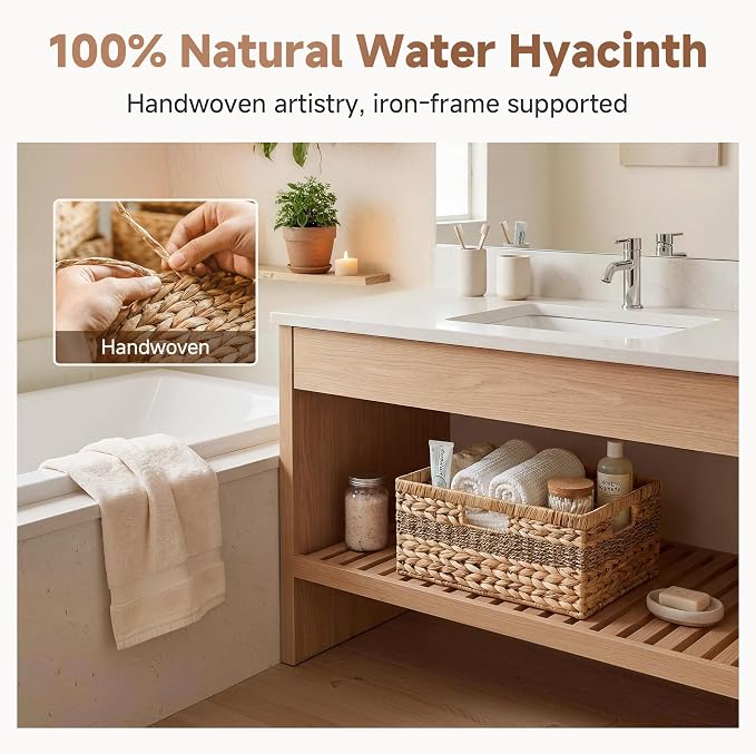 StorageWorks Jumbo Rectangular Wicker Basket, Water Hyacinth and Seagrass Storage Basket with Built-in Handles, 1 Pack | Woven Storage Baskets Water Hyacinth Seagrass,Large Seagrass Basket,Wicker Storage Baskets for Shelves,Woven Baskets