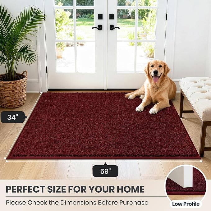PURRUGS Dirt Trapping Door Mat 34" x 59", Non-Slip Machine Washable Entryway Rug, Dog Doormat, Indoor Front Door Mat, Super Absorbent Entry Rug for Muddy Shoes & Paws, Burgundy Red