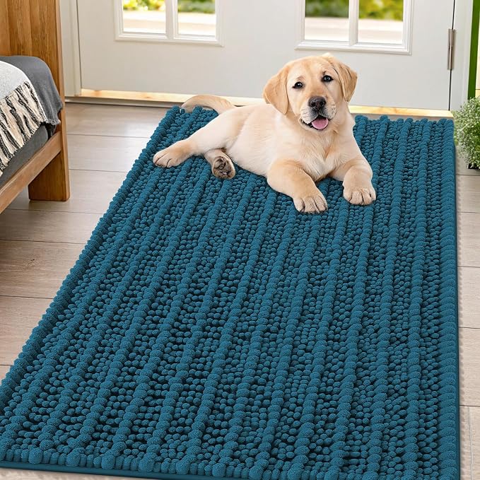 Smiry Dog Door Mat for Muddy Paws 47x32, Absorbent Dirt Trapper, Non-Slip Washable Chenille Entryway Rug for Inside Floor, Atlantic Blue, Layered Pattern