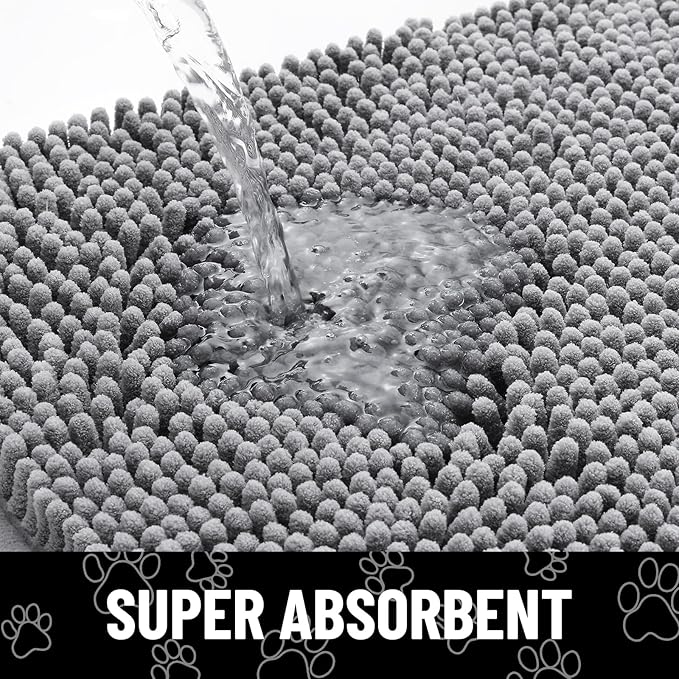 Smiry Dog Door Mat for Muddy Paws, Absorbent Dirt Trapper Non Slip Quick Dry Washable Chenille Mat for Mud Dogs, Entry Rug for Indoor and Outdoor (44x24 Inches, Grey and Black)