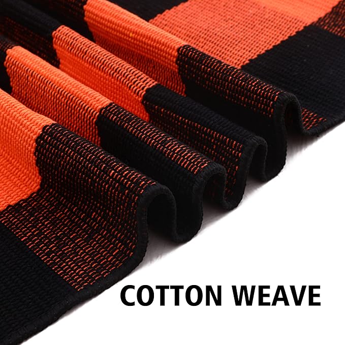 Ckorzen Fall Plaid Rug 28" x 43", Orange and Black Buffalo Check Front Porch Outdoor Layered Doormat, Cotton Hand-Woven Washable Rug for Halloween Thanksgiving Autumn Decor