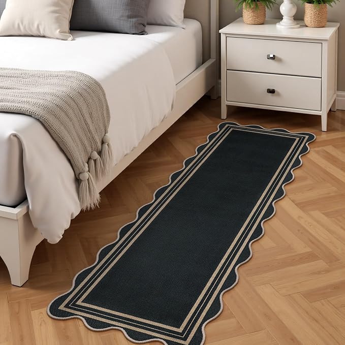 Scalloped 2x6 Kitchen Runner Rug, Washable Rugs for Entryway Non Slip Outdoor Indoor Black Hallway Rug, Farmhouse Morden Carpet for Entry Bedroom Laundry