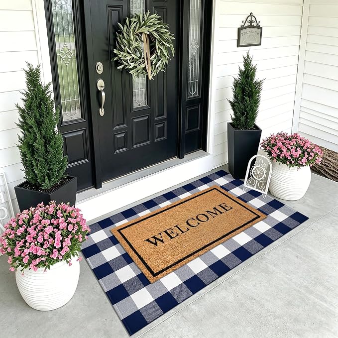 KOZYFLY Buffalo Plaid Area Rugs 3x5 ft Blue and White Washable Front Door Mat Woven Cotton Indoor Outdoor Rug for Front Porch Kitchen Entryway Patio Farmhouse Checkered Doormat