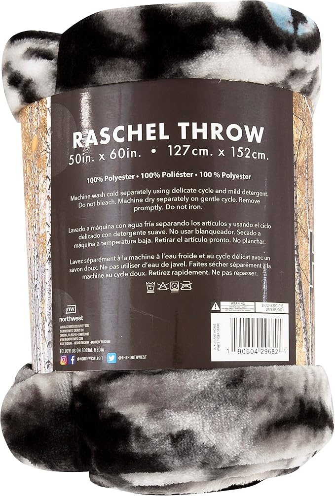 Northwest Wild Heritage Raschel Throw Blanket, 50" x 60", White Tiger