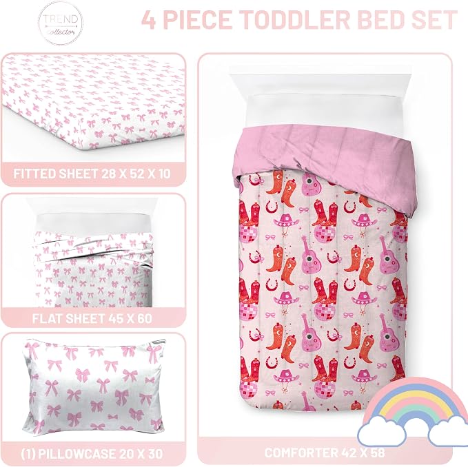 Trend Collector Cowgirl Toddler Comforter Set 4 Piece Bedding, Pink | Bed in a Bag, Comforter Sheets Pillowcase, Soft Microfiber, Machine Washable, Easy Care, Girls Gift