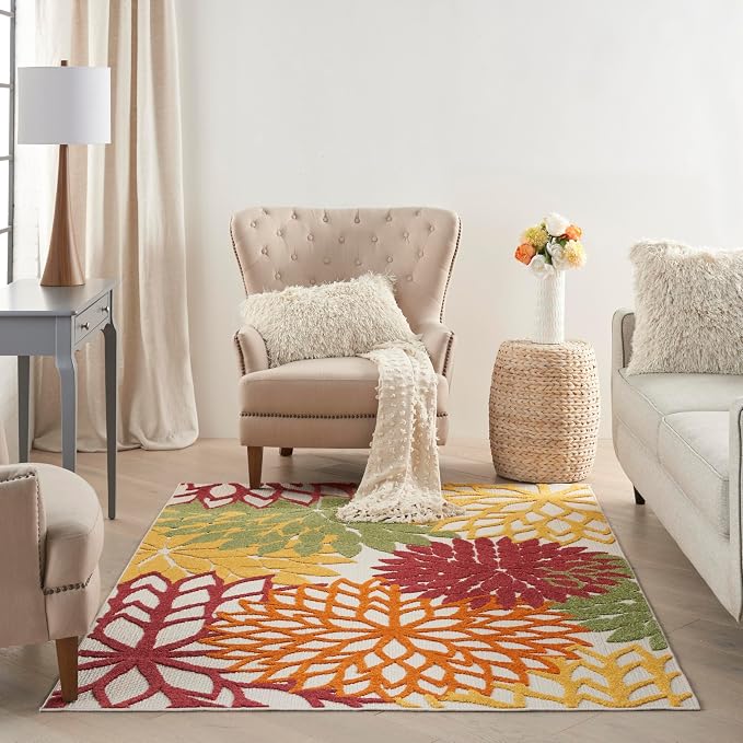 Nourison Home Aloha Indoor/Outdoor Red Multi Colored 6' x 9' Area Rug, Tropical, Botanical, Easy Cleaning, Non Shedding, Bed Room, Living Room, Dining Room, Deck, Backyard, Patio (6x9)