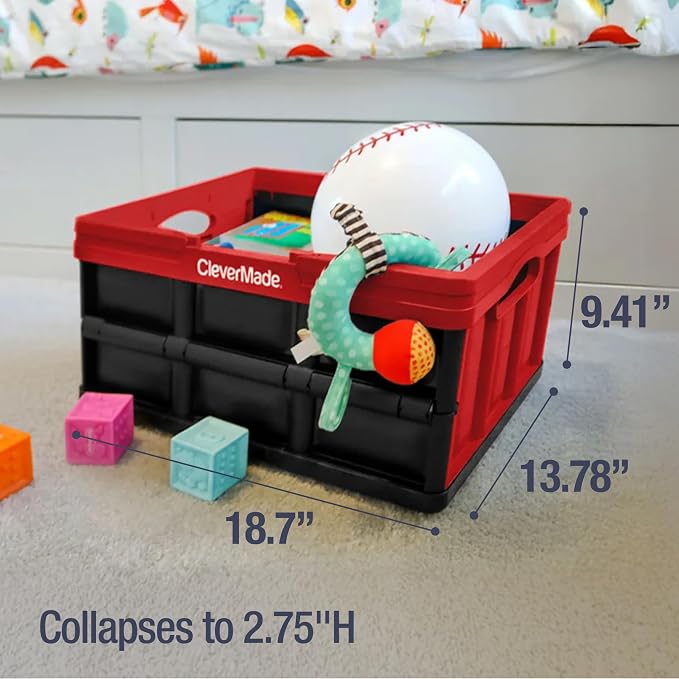 CleverMade Collapsible Shopping Basket, 32L, Recycled Plastic, Red | Rigid walls support up to 35 lb, while top and side handles balance heavier grocery, laundry, or gear loads.