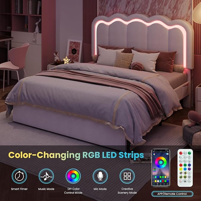 SHA CERLIN Full Size Bed Frame with LED Lights and Storage Drawer, White | Upholstered Velvet Platform Bed with Adjuatable Wavy Headboard, Noise-Free, Easy Assembly,No Box Spring Needed