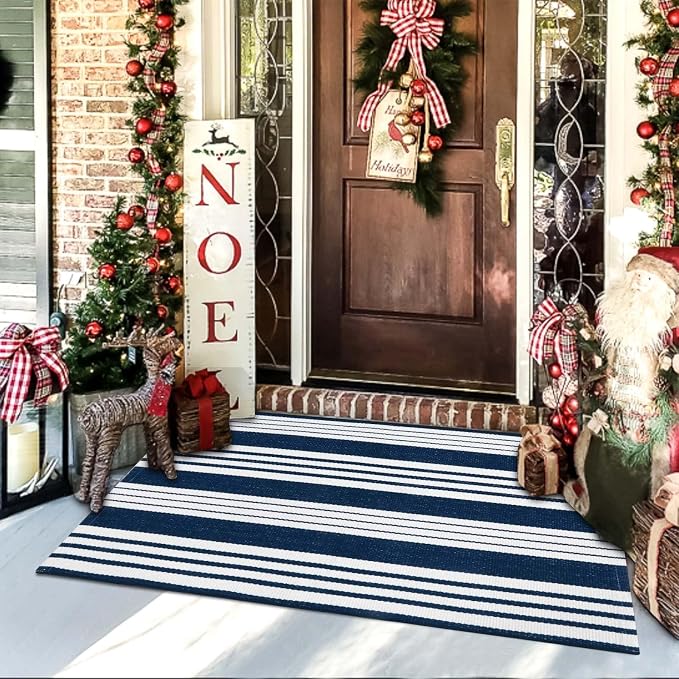 OJIA Blue & White Outdoor Rug 3'x5' Front Porch Rug Outdoor Mat Patio Decor | Cotton Woven Striped Patio Rug Machine Washable Indoor Outdoor Rugs Entry Layered Door Mats for Entryway/Front Door Entrance