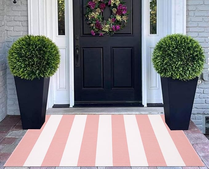 Striped Area Rug 27.5"x43",Pink White Farmhouse Front Porch Rug Cotton Woven Washable Entryway Rug Indoor Outdoor Front Door Mat for Porch/Entryway/Home Entrance Decor