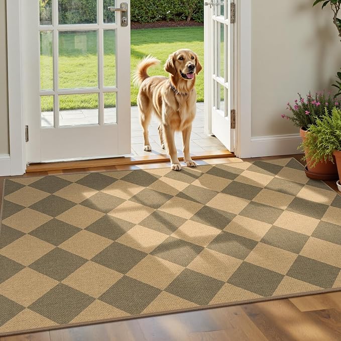 Lessymo Checkered Entryway Rug 3x5, Easy Jute Washable Rugs for Living Room | Outdoor Patio Area Rug, Non Slip Indoor Door Mat Farmhouse Neutral Carpet for Guestroom Foyer Backyard, Diamond Brown/Beige