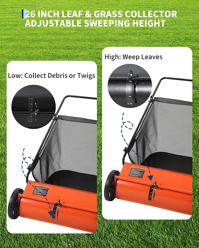 Heavy-Duty 26-Inch Hand-Push Lawn Sweeper with 7 Cu.ft. Collection Bag & Adjustable Brush Reel - Ideal for Picking Up Grass, Leaves, and Yard Debris on Any Terrain