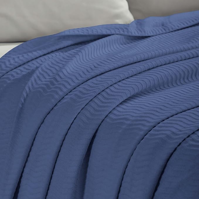 Superior JENA Cotton Blanket, for Picnic, Beach, Traveling or Camping, Bedroom Decor, Essentials, Cover for Bed, Couch, Lounging, Textured Jacquard, Modern Chevron Woven Blanket, Throw, Merritt Blue