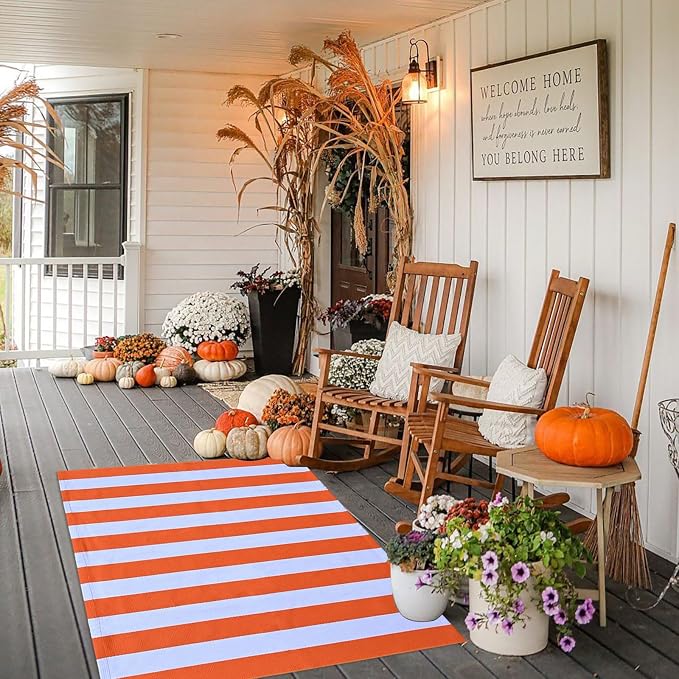 CAINANEL Fall Outdoor Rug Orange and White Striepd Rug 3' x 5' Front Door Mat Halloween Thanksgiving Fall Autumn Home Decor, Layerd Welcome Doormat for Front Porch Decor, Front Door, Farmhouse Decor