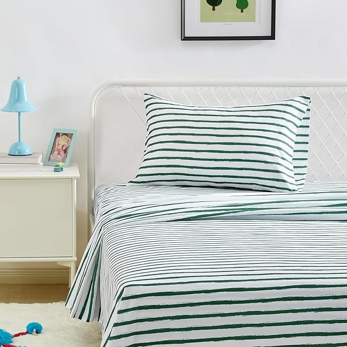 Amazon Basics Kid's Soft Easy-Wash Lightweight Microfiber 3-Piece Sheet Set with 1 Standard Pillowcase, 1 Flat Sheet, 1 Fitted Sheet, Twin, Green Stripes