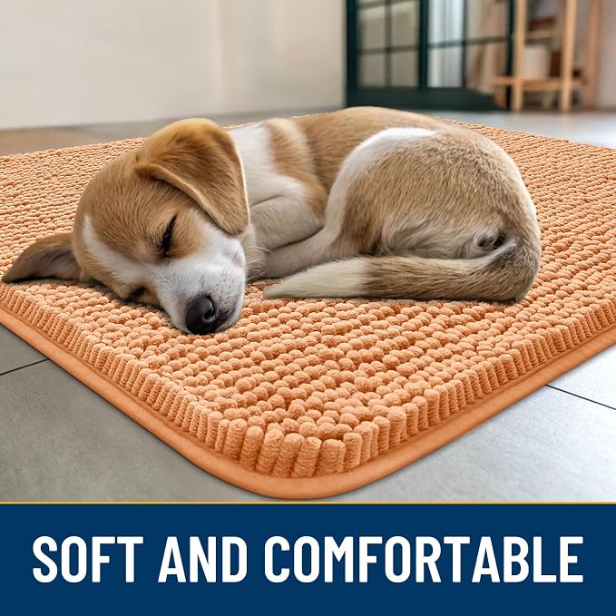 Smiry Dog Door Mat for Muddy Paws 70x24, Absorbent Dirt Trapper, Non-Slip Washable Chenille Entryway Rug for Inside Floor, Orange, Classic Solid