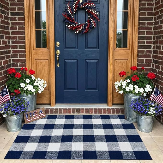 Buffalo Plaid Outdoor Rug 27.5" x 43" Navy Blue and White Checkered Area Rug Washable Doormats Indoor Outdoor Rugs for Layered Front Door Mats, Porch, Entryway, Kitchen, Farmhouse