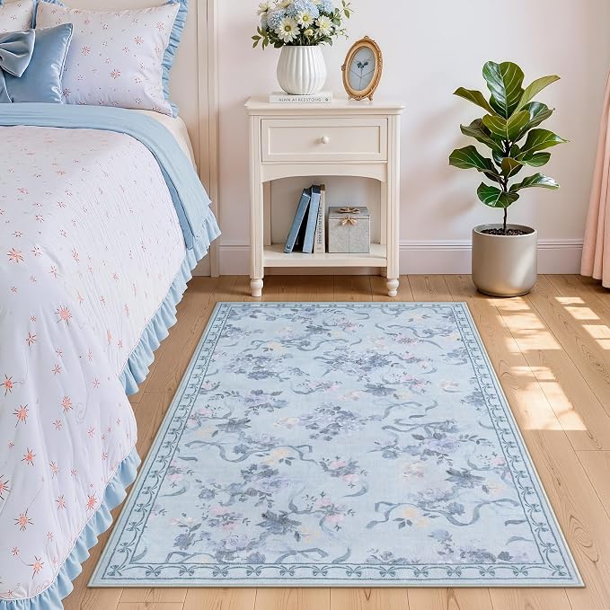 Tribesigns Bow Floral Blue 3x5 Washable Area Rugs for Living Room Entryway | Machine Washable, Non-Slip Backing with 4 Rug Tape, Soft Low Pile, for Coquette Nursery Kids Playroom Dorm Bedroom Decor