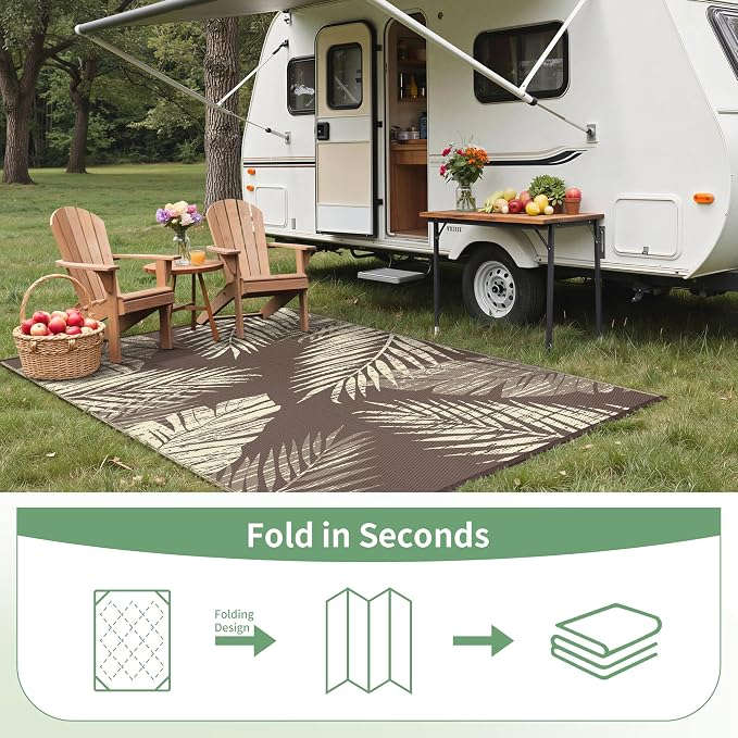 GENIMO Outdoor Rug, Waterproof Plastic Rugs for Patio, 6'x9' Cocoa Beige | Outside Larger Leaf Carpet Mat for Porch Decor, Deck, Balcony, Camping, RV, Backyard, Picnic, Beach, Reversible, Foldable