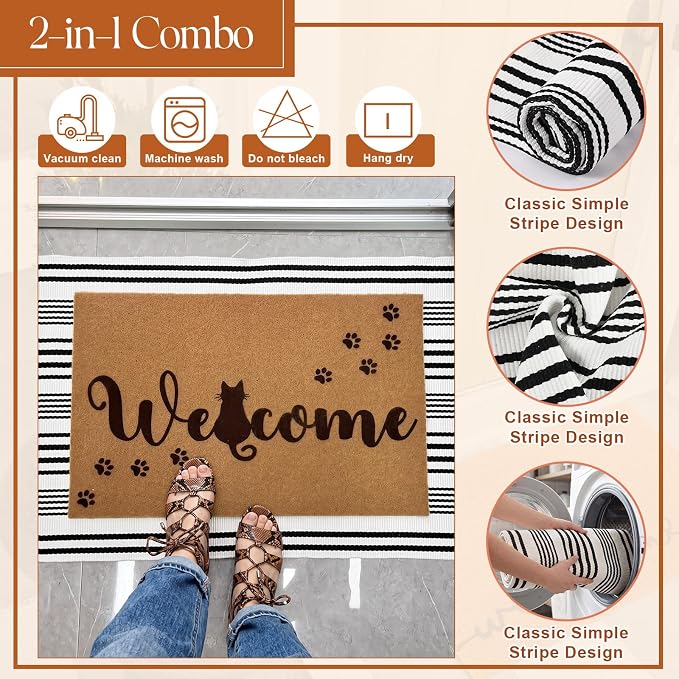 2 Pcs Outdoor Door Mat Combo Set Layered Outdoor Rug and Coir Welcome Doormat Non Slip Outside Floor Mat for Front Porch Entryway Patio Yard Decor(Cat Paw,24'' X 51',18'' X 28'')