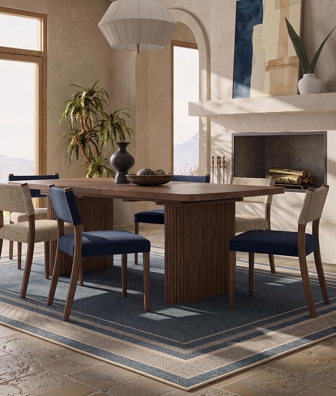 GarveeHome 9x12 Large Area Rug for Living Room Easy Jute Modern Rugs | Non Slip Low Pile Neutral Bordered Solid Tan Dining Room Rugs Washable Carpet for Bedroom Home Office Decor, Blue