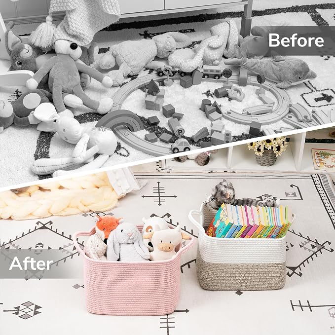 Goodpick Cotton Rope Storage Basket for Gifts, 13" x 10" x 9", Pink | Toy, Book & Baby Essentials Storage, Nursery & Closet Organization, Reinforced Handles, Stylish Home Decor