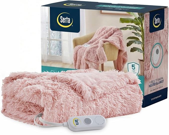 Serta Mila Shaggy Heated Throw Blanket - Soft Faux Fur Heated Blanket, Fast Heating, Auto Shut Off Timer, Low EMF, 5 Heat Setting, ETL Certified, Machine Washable Electric Blanket, Blush 50"x60"