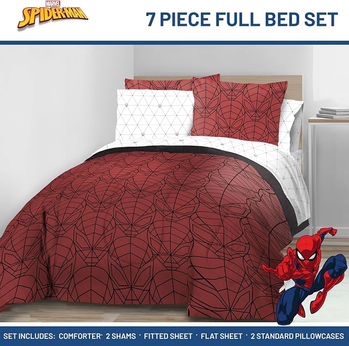 Marvel Spiderman Full Comforter Set 7 Piece Bedding for Boys, Red | Bed in a Bag, Comforter Sheets Shams Pillowcases, Official Product, Soft Microfiber, Machine Washable, Boys Gift