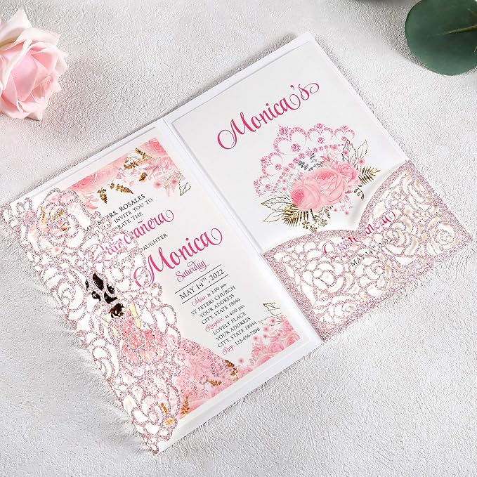 50PCS Personalized Rose Gold Quinceanera Invitation Cards | 4.7x7 inch, Laser Cut Hollow Rose Pocket, Miss XV, Sweet 16, 18th Birthday, Quince Invite, with Envelopes