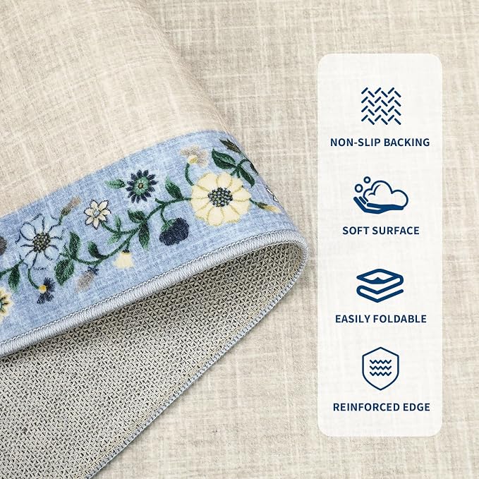 GarveeHome Washable Living Room Rug 9x12 Floral Bordered Area Rugs Soft Thin Indoor Carpet for Bedroom Modern Throw Aesthetic Mat Non Slip Stain Resistant Carpet for Dining Room Office, Beige