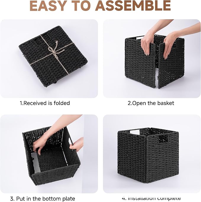 StorageWorks 11 inch Cube Storage Bins,Foldable Wicker Baskets,Black | 2-Pack,Handwoven Storage Cubes with Handles,Paper Rope Baskets for Organizing,Cube Organizer Bins,11x11 Cube Storage Bins