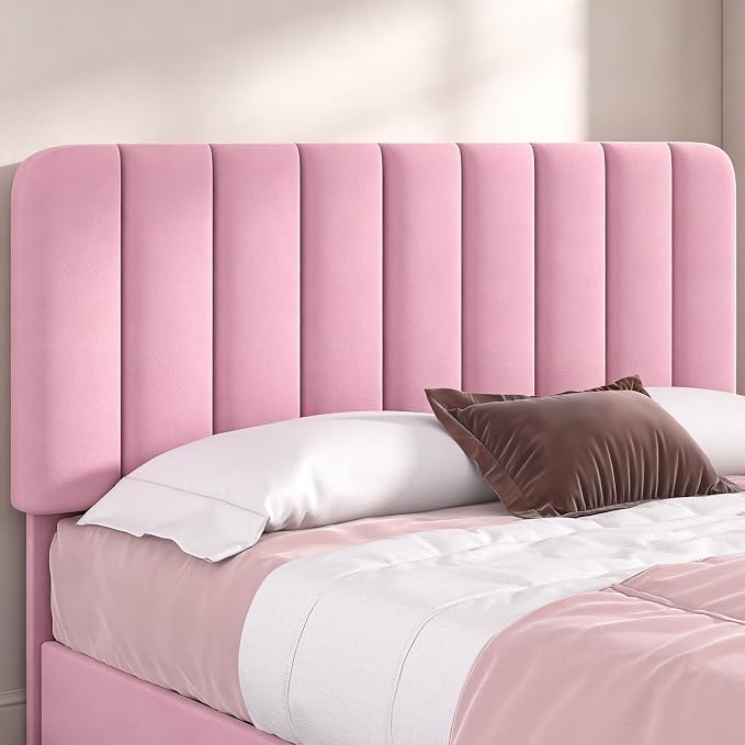VECELO Queen Size Upholstered Bed Frame with 4 Drawers and Headboard, Velvet Platform Storage Bedframe, Wooden Slats Support, No Box Spring Needed,Pink