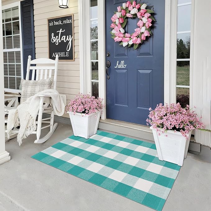 Ckorzen Green and White Plaid Rug, 28" x 43" Spring Outdoor Front Porch Door Decor Mat, Washable Cotton Woven Farmhouse Area Rug for Layered Door Mats Carpet, Entryway, Easter Décor