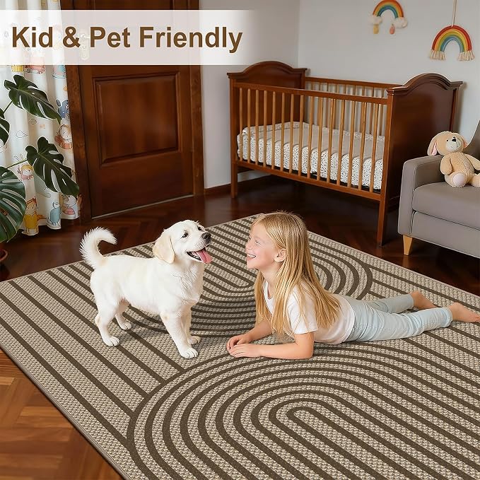 Faux Jute Rug for Living Room, 5' x 7' Area Rug, Brown Farmhouse Ultra-Thin Washable Non-Slip Outdoor Rug for Bedroom, Dining Room, Backyard, Home Decor