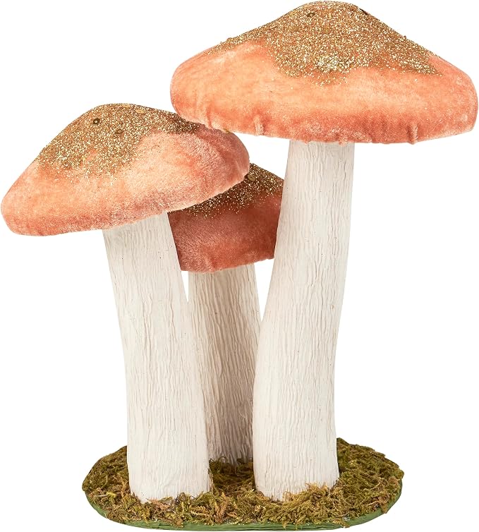 Primitives by Kathy Mushroom Trio Sitter, pink foam mushrooms uniquely detailed/velvet glitter accents/natural foliage detail base/nature themed home accent for seasonal/everyday/garden decor/gfitable
