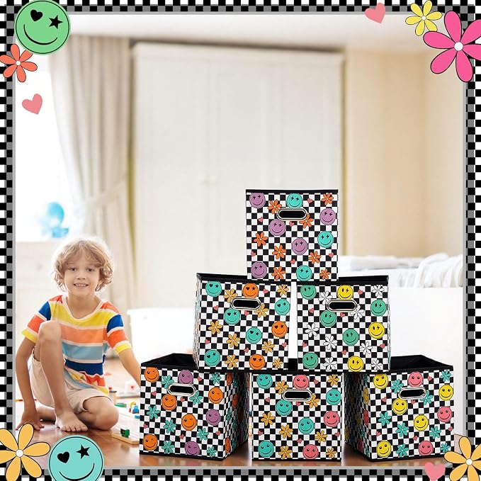 Gerrii 6 Pack 11 Inch Cube Storage Bins for Classroom Foldable Fabric Storage Cube Bins Checkered Smile Face Organizing Baskets with Grommet Handles for Back to School Organizer Shelves Decor