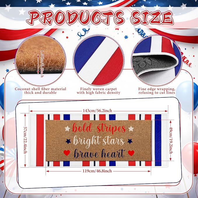 Moucuny 2 Pcs Patriotic Doormat Outdoor Decor 4th of July Coir Doormat Red Blue White Striped Welcome Rug Non-Slip Independence Day Memorial Day 250th Anniversary Mat Front Porch Entrance Decor