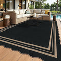 Scalloped Easy Jute Outdoor 8x10 Area Rug, Washable Outdoor Patio Rug, Farmhouse Indoor Black Geometric Rug Neutral Non Slip Carpet for Living Room Backyard Home Decor